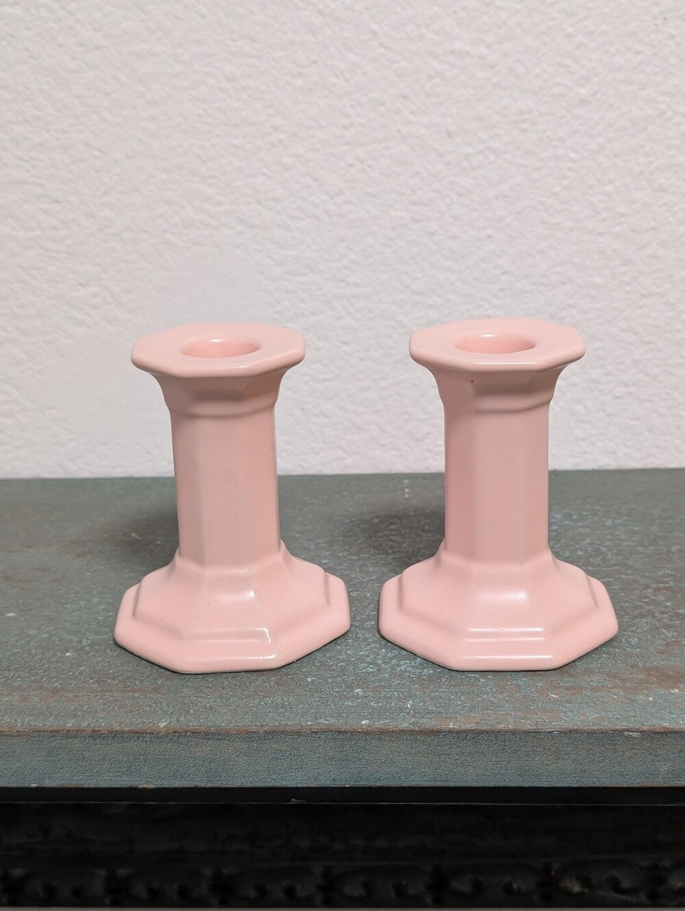 Pair of Light Pink Small Taper Candlestick Candle Holders Octagon Cottagecore - Picture 1 of 11